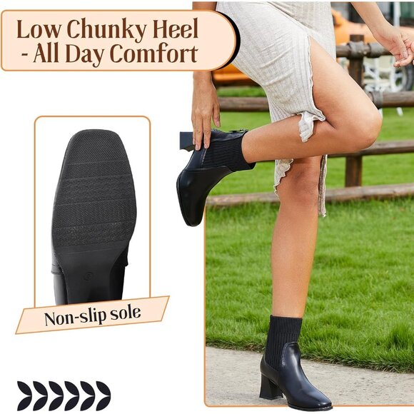 Women's Square Toe Ankle Black Boots Low Block Heel Chelsea Mid Calf Booties - Picture 5 of 7